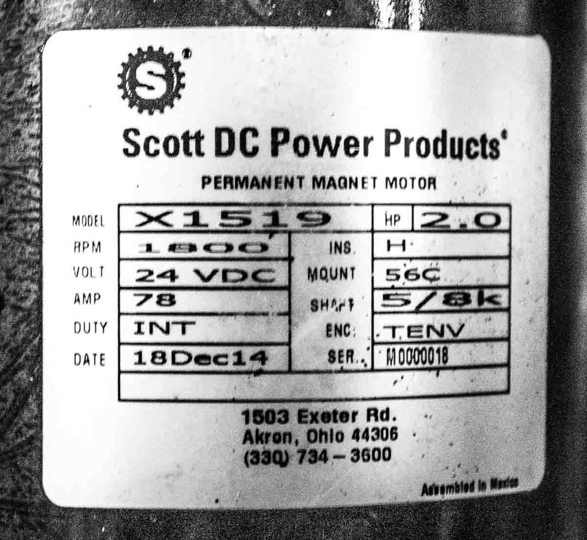 Scott Bandit Reel Motor 12V 1/2HP Continuous from